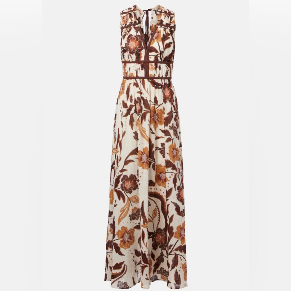 NWT Poupette St. Barth 100% Cotton Chiara Maxi Dress Brown White Floral Sz 4 / S